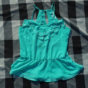 Green Flower Embroidery Ruffle Peplum Racerback Papaya Top